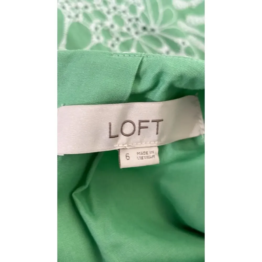 Loft Eyelet Shift Dress Short Flutter Sleeve Womens Size 6 Green White New